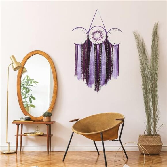 Purple Triple Moon Goddess Macrame Wall Hanging, Boho Crescent Dream Catcher - Picture 4 of 8